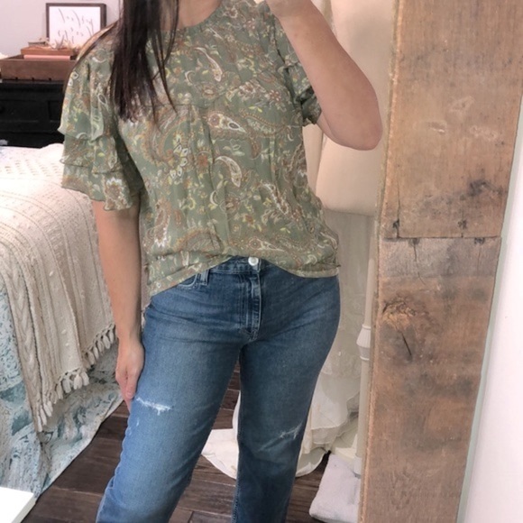 Nanette Lepore green floral top ruffle sleeves size large - Picture 2 of 10